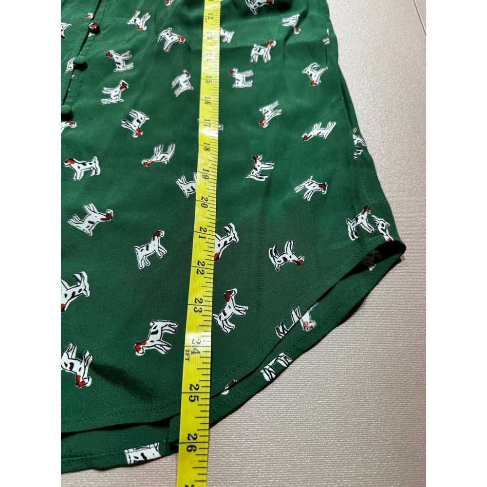 Maeve Anthropologie Green Dog Print Ruffle Tie Neck Blouse XS Short Sleeve Top - Picture 8 of 10